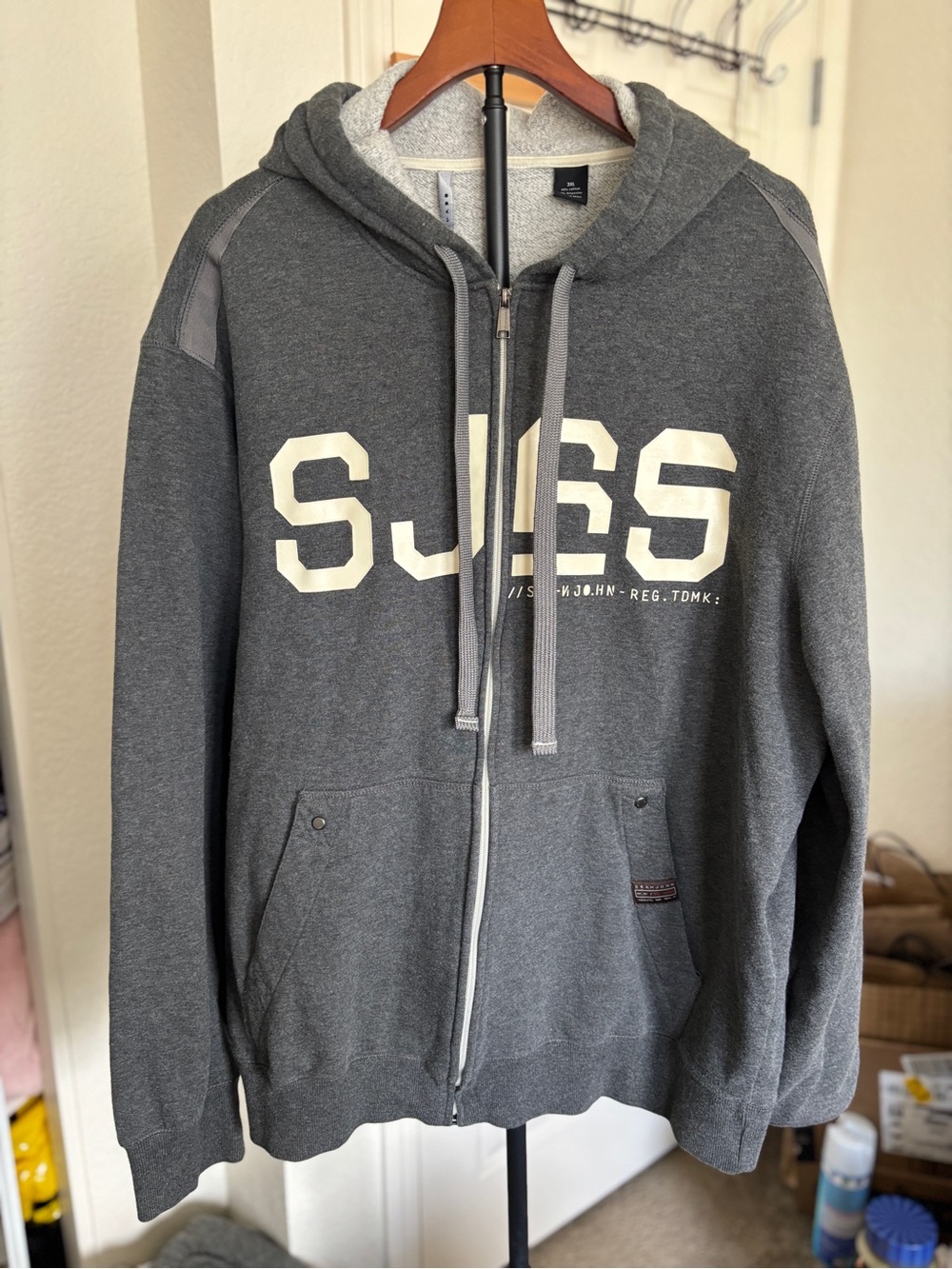 Y2k Sean John Men's Dark Gray Zip-Up Hoodie with White Logo3xl